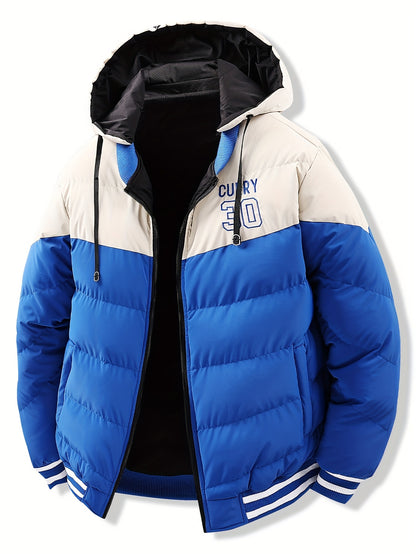 Men's Modern Streetwear Hooded Jacket with Embroidered Lettering, Color-Block Design, Removable Hood & Polyester Fill - Machine Washable Long Sleeve Coat with Pockets for Fall Winter Casual Wear