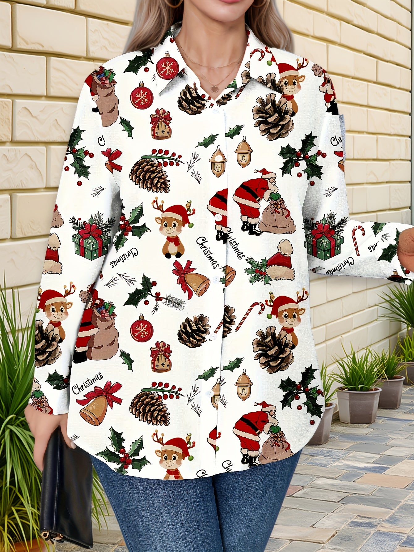 Plus Size, Women's Plus Size Winter Deer & Moose Print Blouse - Long Sleeve Christmas Party Shirt with Collar & Button Front, Red & Black Nordic Winter Pattern, Machine Washable Elegant Casual Holiday Outfits for Christmas &