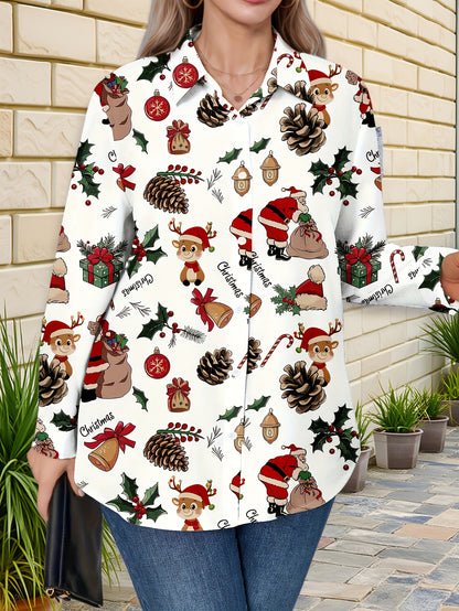 Plus Size, Women's Plus Size Winter Deer & Moose Print Blouse - Long Sleeve Christmas Party Shirt with Collar & Button Front, Red & Black Nordic Winter Pattern, Machine Washable Elegant Casual Holiday Outfits for Christmas &