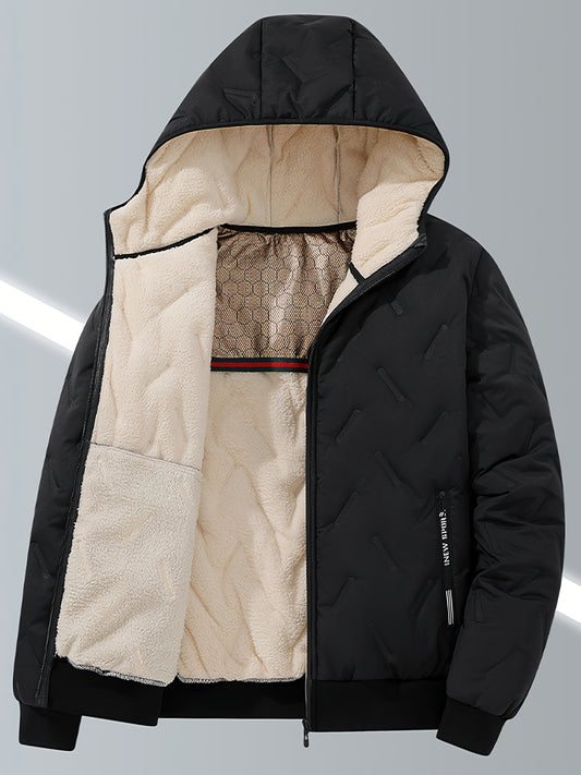 Men's Casual Winter Jacket - Thick Fleece-Lined, Windproof Hooded Coat with Embossed Design, Zip-Up, Solid Color