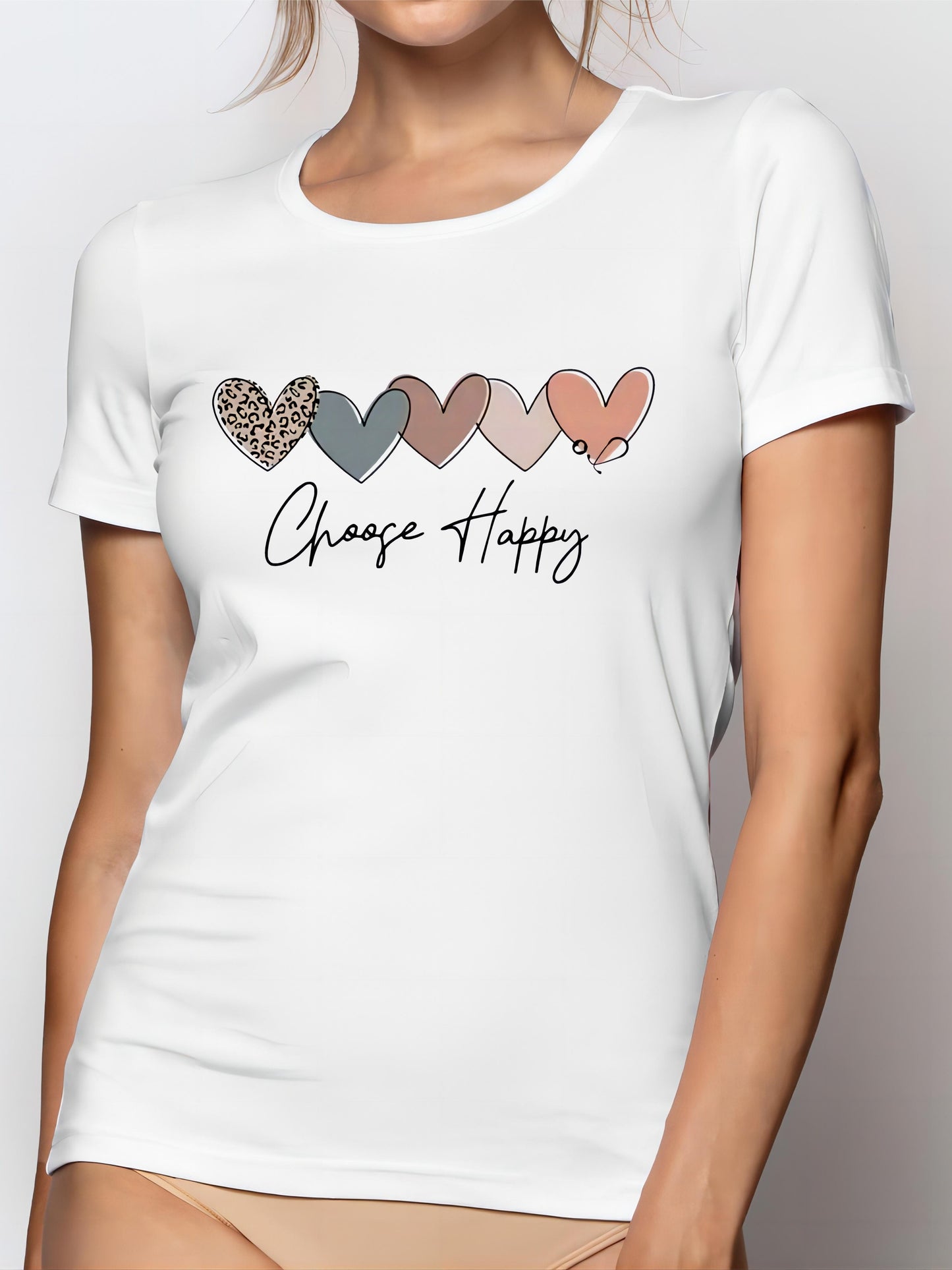 Women's Casual Sport T-Shirt, Round Neck, Heart And Happy Print, Short Sleeve, Soft Knit