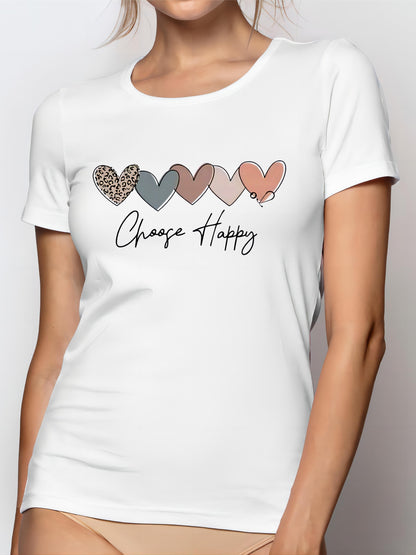 Women's Casual Sport T-Shirt, Round Neck, Heart And Happy Print, Short Sleeve, Soft Knit