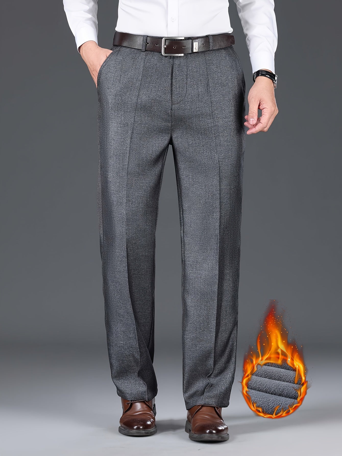 Men'S Solid Color Polyester Dress Pants - Fall/Winter Warm Fleece-Lined Thickened Straight-Leg Trousers with Slant Pockets, Regular Fit, Non-Stretch Woven Fabric, Long Length