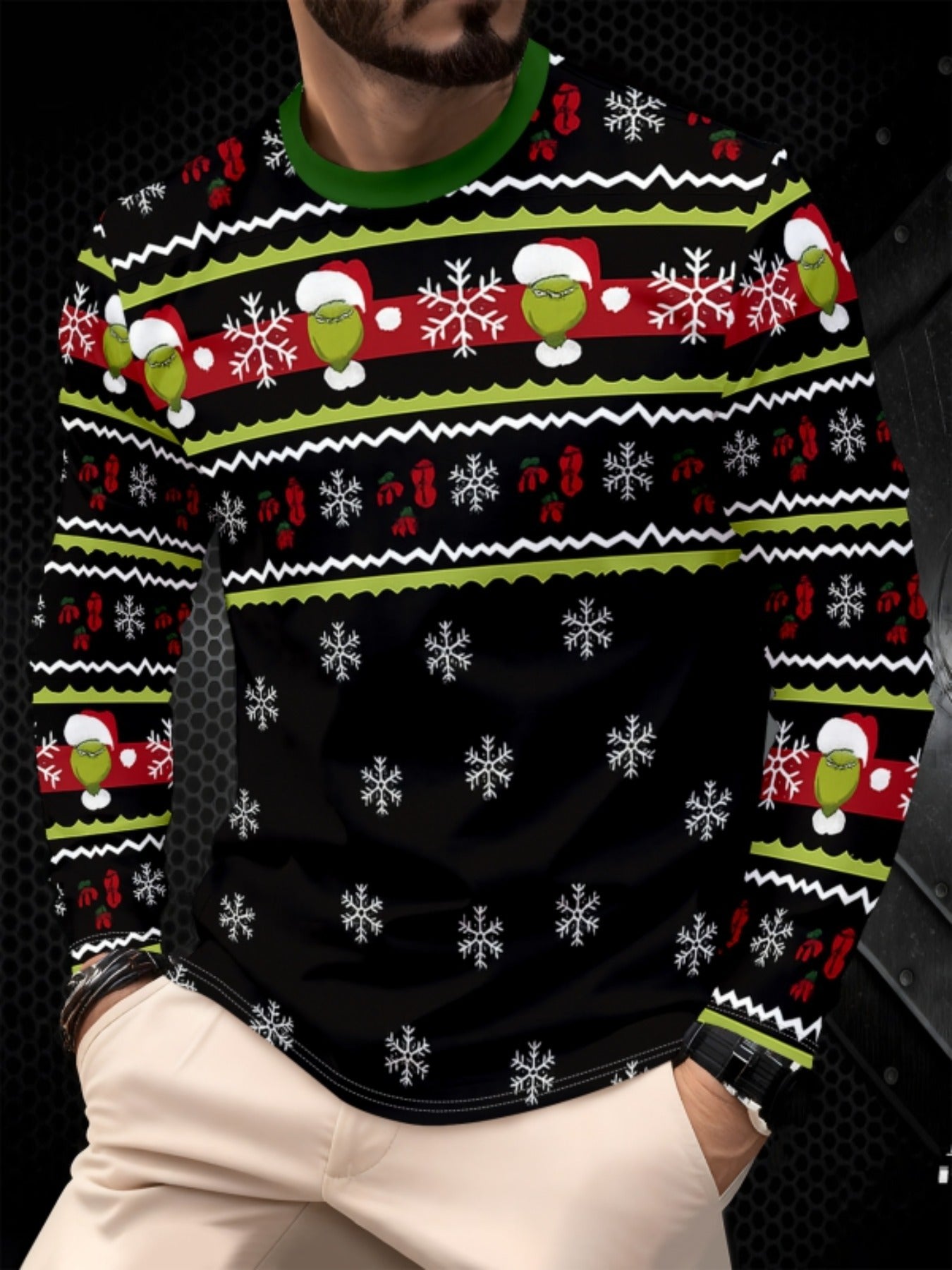 Men's Christmas & Halloween Novelty Sweater Shirt - Long Sleeve Green/Yellow/Golden Sweater Vest-like Top with Santa, Reindeer & Snowflake Patterns, Machine Washable Casual Party Outfit for Xmas, New Year's Events (Regular Fi