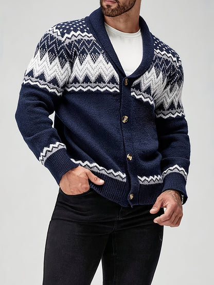 Men's Casual Geometric Pattern Cardigan Sweater - Navy Blue with White and Black Accents, Button-Up Collar, Machine Washable, Polyester for Fall/Winter
