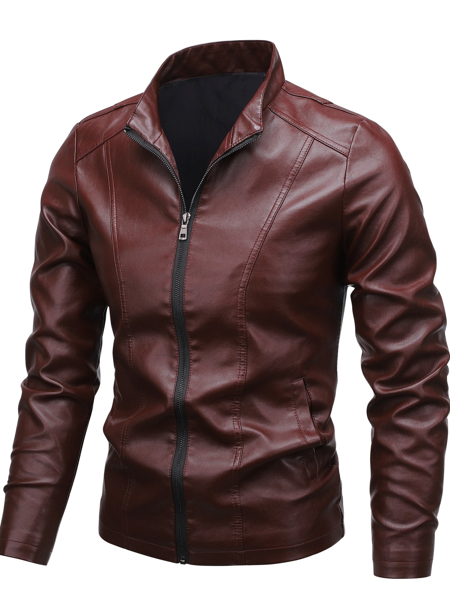 Men'S Casual Jacket - Stand Collar Zip-Up Long Sleeve - 100% Polyurethane, Solid Color, Non-Stretch Woven Fabric, Regular Fit with Functional Pockets for Daily Wear