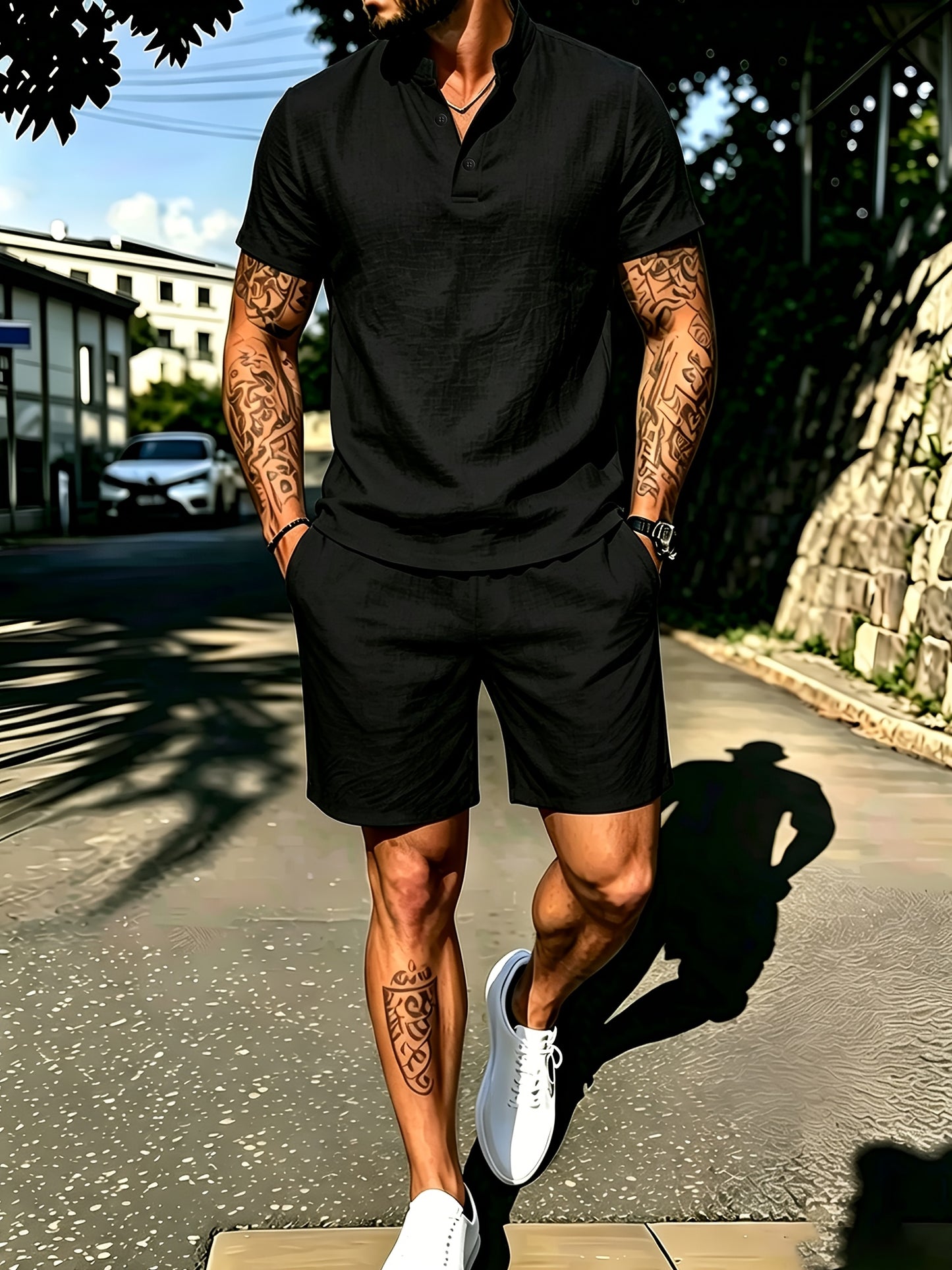 Men's Casual Cotton Polo Shirt and Shorts Set for Spring/Fall