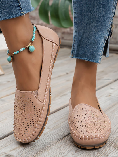 Women's Retro Perforated Flat Shoes, Comfy Breathable Round Toe Slip On Shoes, Casual Outdoor Loafers