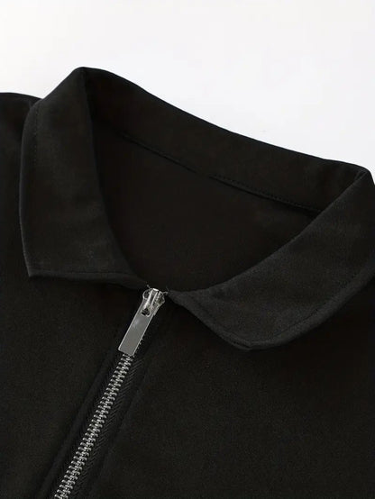 Men's Summer Classic Collar Half-Zip Casual T-Shirt - Solid Black, Breathable Regular Fit Short Sleeve Top for Casual Attire & Semi-Formal Occasions, Semiformal Attire | Halfzip Shirt | Smooth Fabric Finish