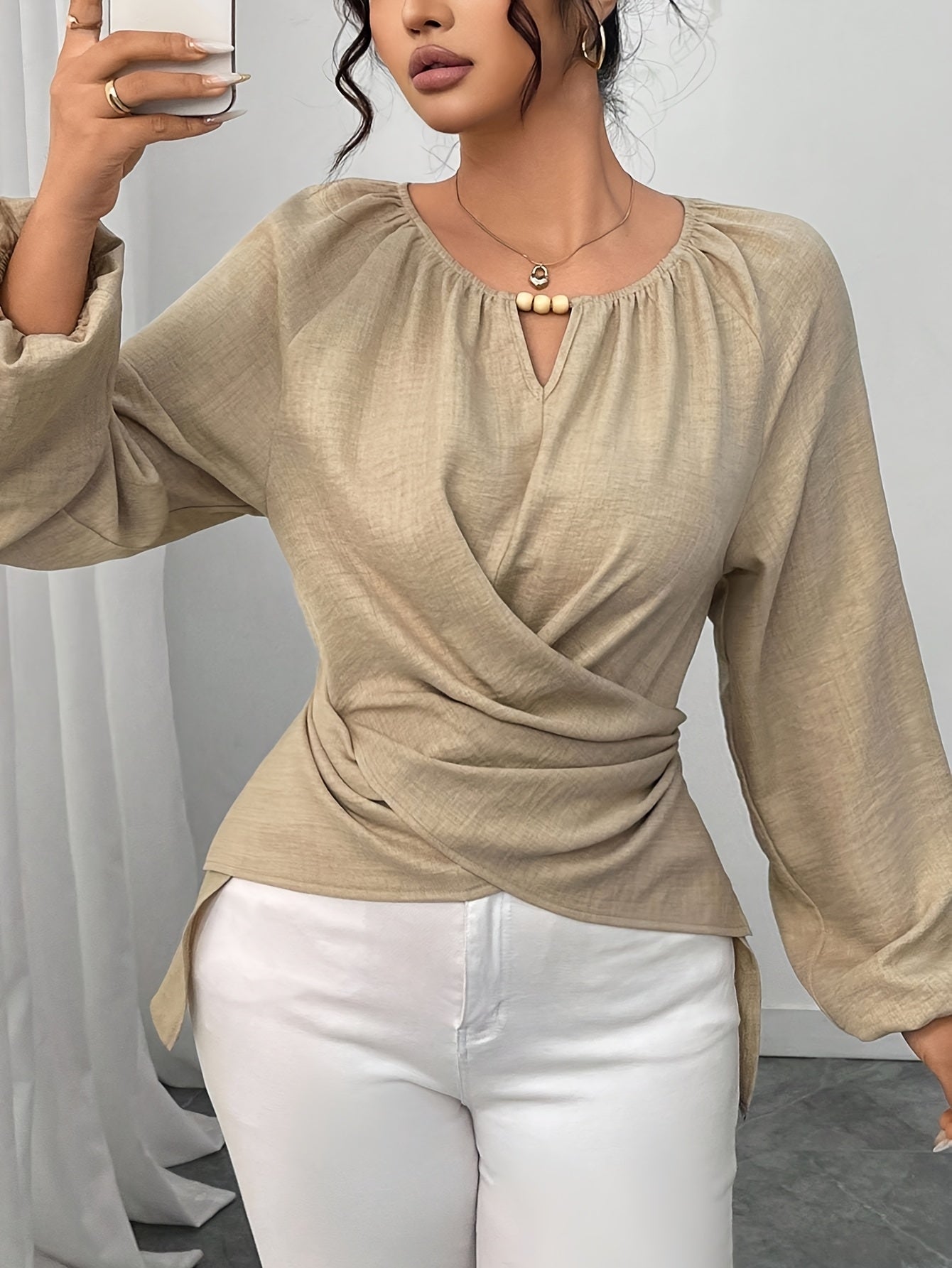 Women'S Elegant Beaded Wrap Shirt - Long Sleeve Round Neck Blouse with Beaded Embellishment, Solid Burgundy/Red/Pink/ - Casual to Formal