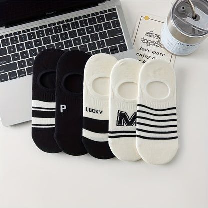 5 Pairs Letter & Striped Socks, Non-slip Lightweight Invisible Boat Socks, Women's Stockings & Hosiery