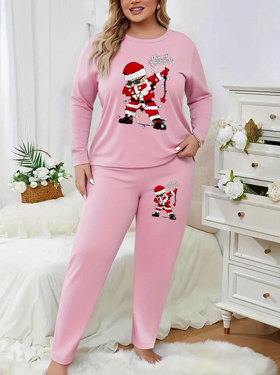 Plus Size - Plus Size - Plus Size - Women'S Plus Size Christmas & Halloween Two-Piece Set - Cozy Long Sleeve T-Shirt with Santa Claus & Snowflake Print, Pockets, and Matching Pants, Casual Holiday Outfit for Fall and Winter,