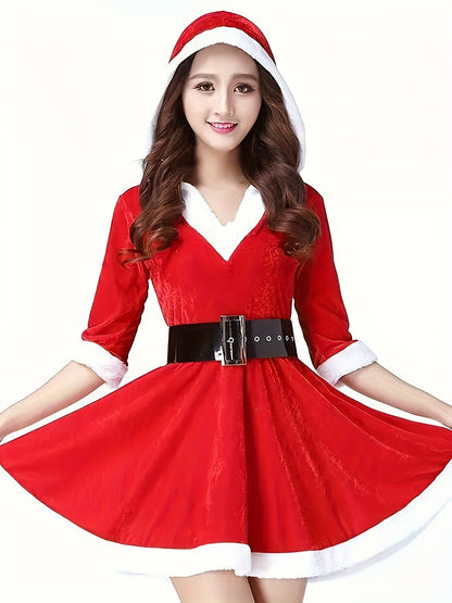 Women'S Elegant Red & Poinsettia Christmas Hooded V-Neck Party Dress with Belt - Sexy Temptation Outfit for Nightclub, Bar, Holiday Events - All-Season Formal &