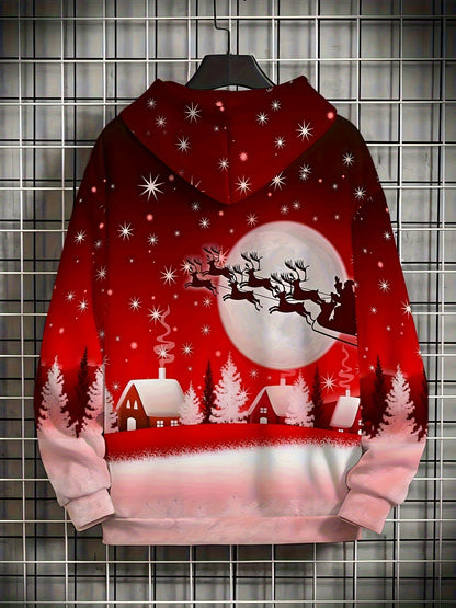 Men'S Christmas Hoodie with Full-Zip Closure - Red & Pink Holiday Print Sweatshirt, Machine Washable Polyester Jacket for Christmas Parties, Family Gatherings - Cozy Winter Outerwear for Men, Seasonal Fashion, Festive Design,