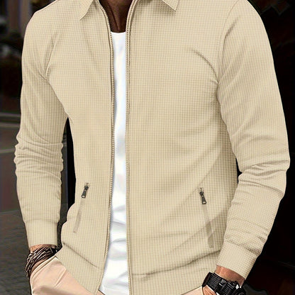1pc Men'S Casual Polyester Zip-Up Jacket with Lapel Collar, Solid Color, Slight Stretch, Woven Fabric, Regular Fit, No Lining - Spring/Fall Outerwear
