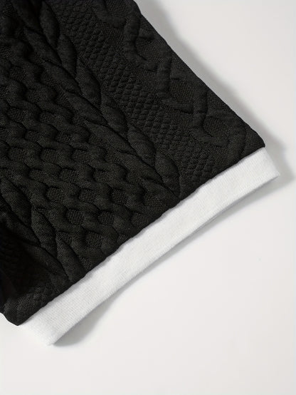 Summer Breathable Italian-style Color-blocked Light-mature Trendy Men's Shirt with V-neck, Slight Stretch, Jacquard Texture, Slim-fit Short Sleeves, Knitted - ayq