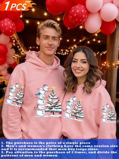 1pc Couple Matching Snowman Christmas Tree Print Oversized Hooded Sweatshirt, New Arrival Valentine'S Day Outfit, Casual Elegant Stretchy Fiber Fabric, Fleece Lined Soft Warm Long Sleeve Top For Sports, Travel & All-season We