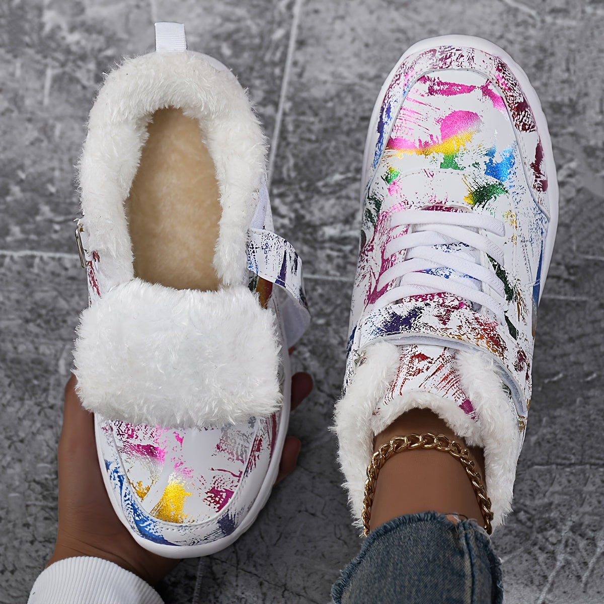 1 Pair Women'S Winter Warm Snow Boots, Fleece-Lined High-Top Outdoor Shoes, Round Toe, Patterned Print, EVA & MD Sole, Fabric Insole - Fashionable Ladies' Footwear