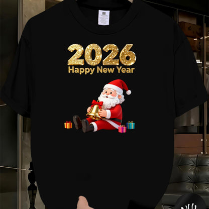 Men'S 2026 Happy New Year Santa Claus Graphic T-Shirt - Breathable Summer Casual Tee with Golden & Red Print, Regular Fit Round Neck Short Sleeve, Festive Clothing, Comfortable Fit, Holiday Shoppers