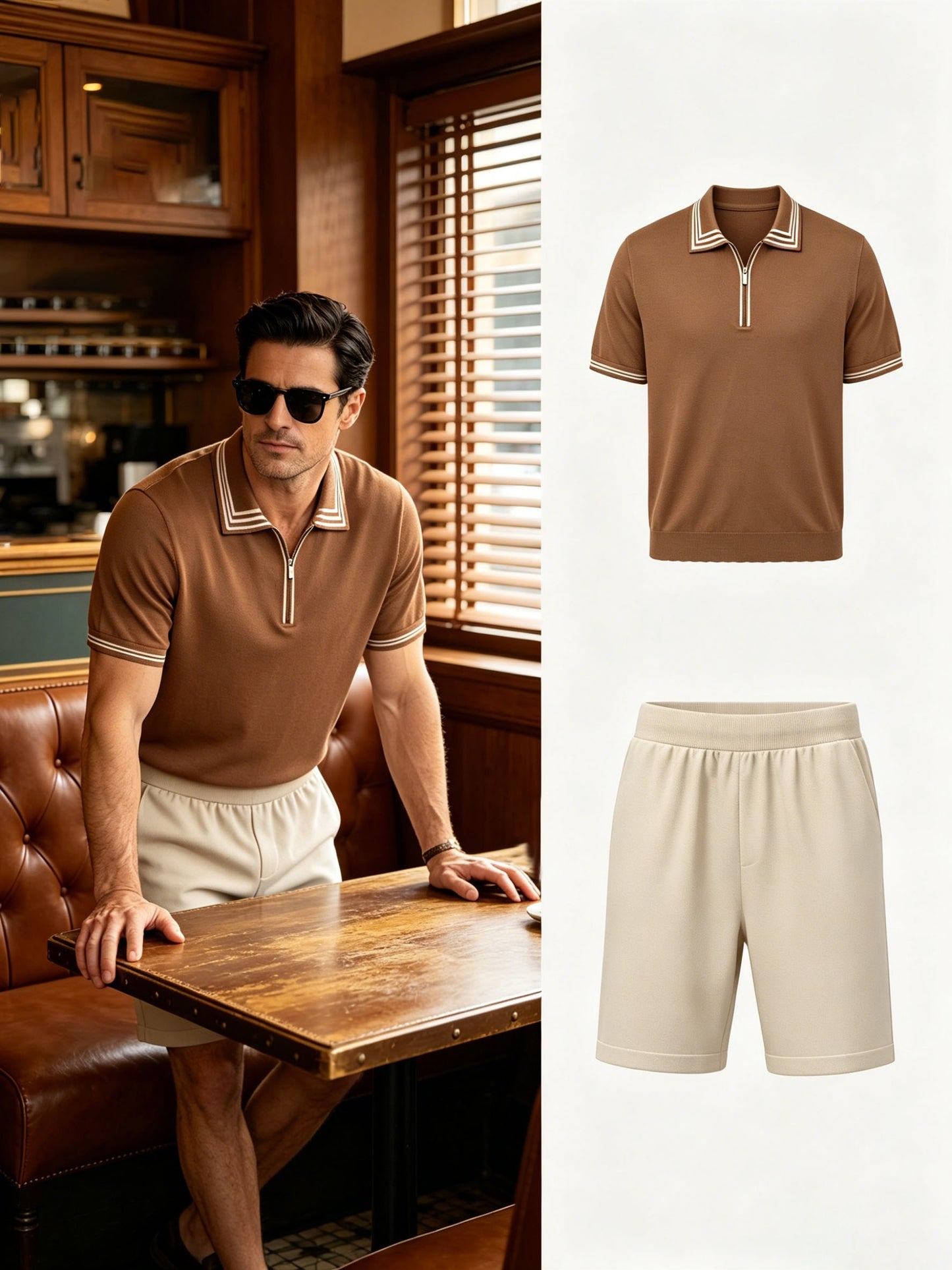 Men's Casual Striped Knit Polo & Lightweight Shorts Set