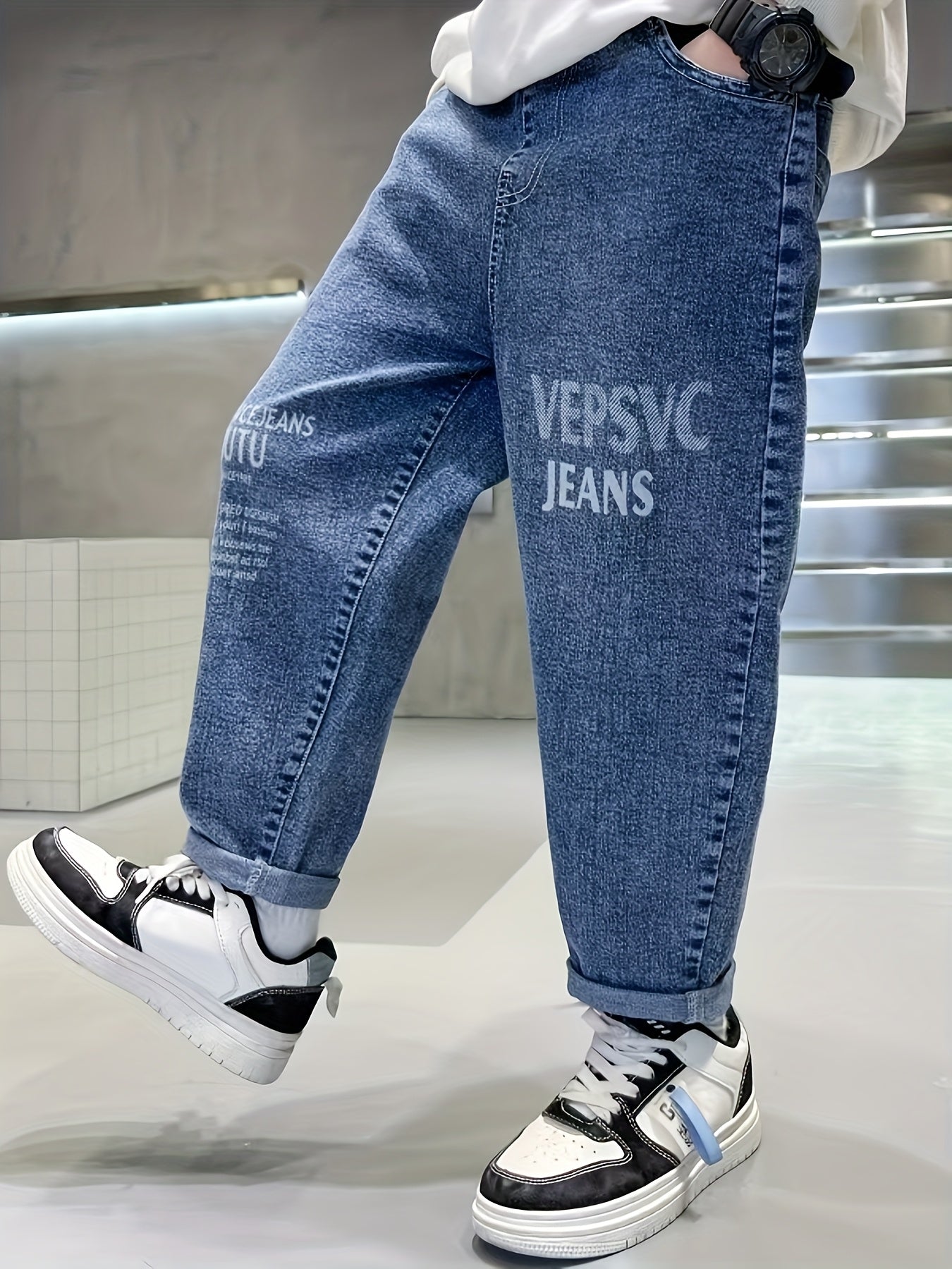 Boys' Casual Denim Pants with Floral Pattern for Spring Fall
