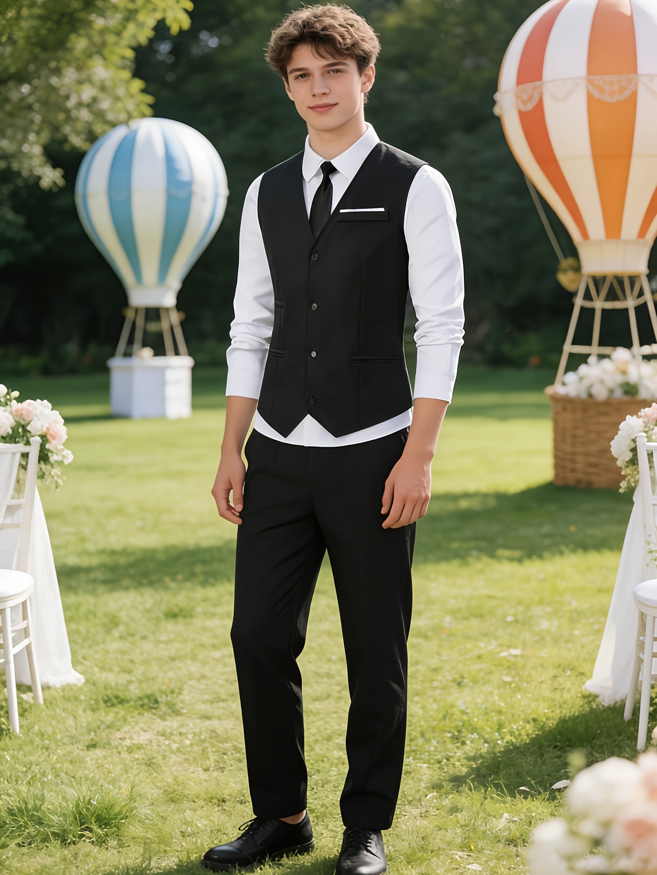 Teen Boys Black Two-Piece Vest Suit with Elastic Waist Pants
