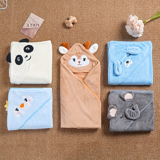 Ultra-Soft Coral Fleece Youngsters' Hooded Bath Towel with Cute Cartoon Animal Design - Super Absorbent & Skin-Friendly, Perfect for Swimming and Showering, Available in White/Blue/Pink/Black, Youngsters's Hooded Towel