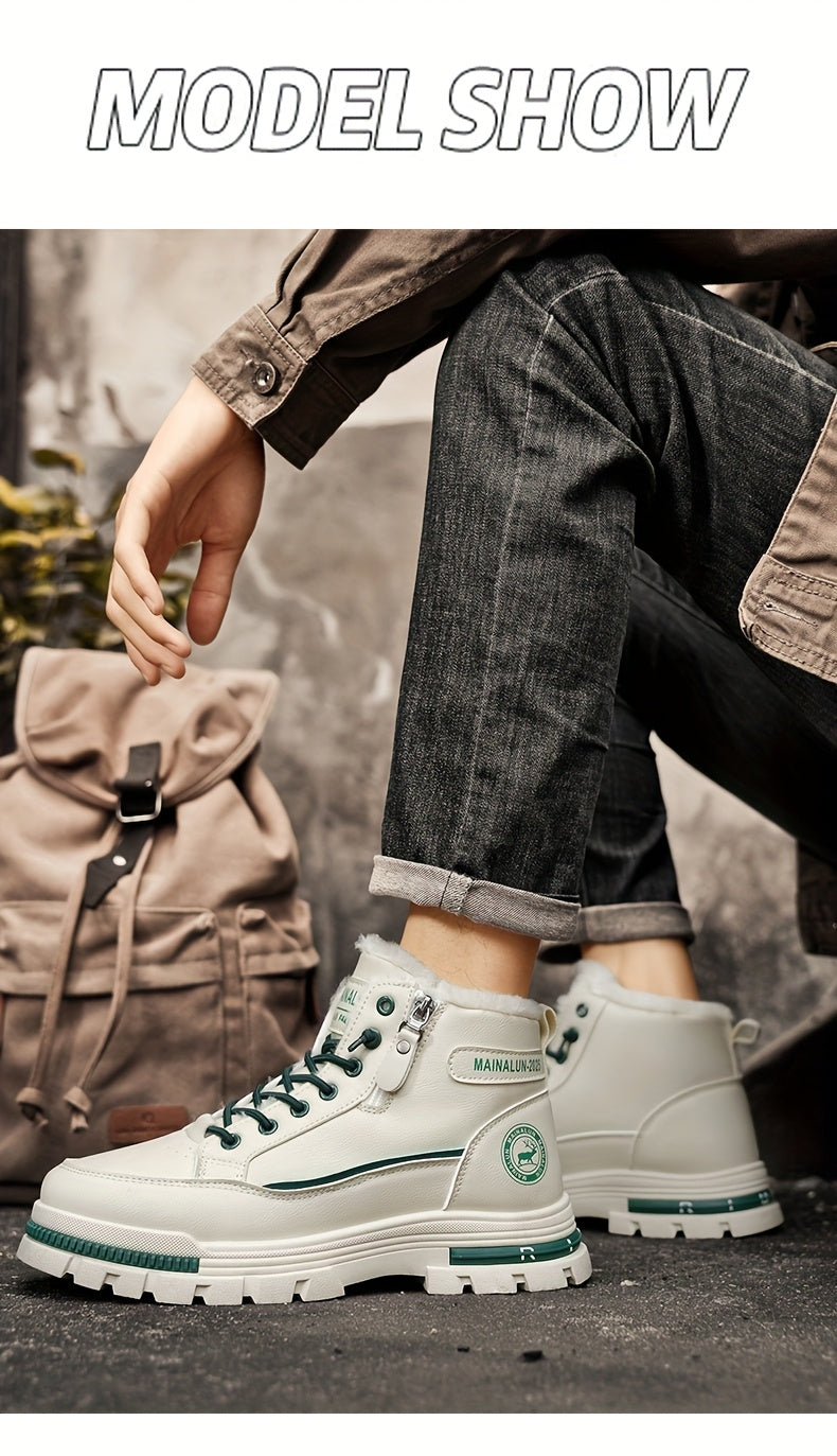 Men's Vintage Casual Fleece-Lined Snow Boots - Brown Faux Cover with Black Accents, Lace-Up Design, Thick PVC Sole for Winter & Fall, Round Toe Comfort, Everyday Winter Footwear, Winter Boots,  Style Boots, Durable Winter Foo