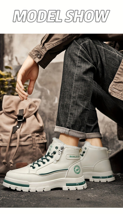 Men's Vintage Casual Fleece-Lined Snow Boots - Brown Faux Cover with Black Accents, Lace-Up Design, Thick PVC Sole for Winter & Fall, Round Toe Comfort, Everyday Winter Footwear, Winter Boots,  Style Boots, Durable Winter Foo