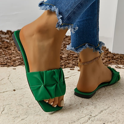 Women's Pleated Design Slide Sandals, Casual Square Open Toe Flat Summer Shoes, Lightweight Slide Sandals
