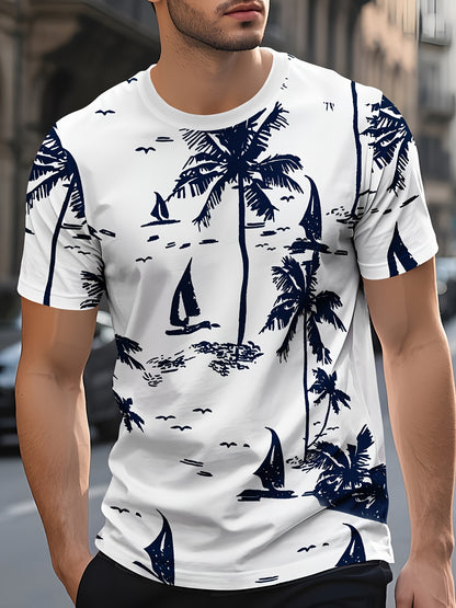 Men'S Quick-Dry Tropical Palm Tree Print T-Shirt - Breathable Round Neck Casual Tee for Summer, Outdoor  Daily Wear, Lightweight  Comfortable Fit, Outdoor Tshirt   Tropical Print Shirt   Comfortable Fit