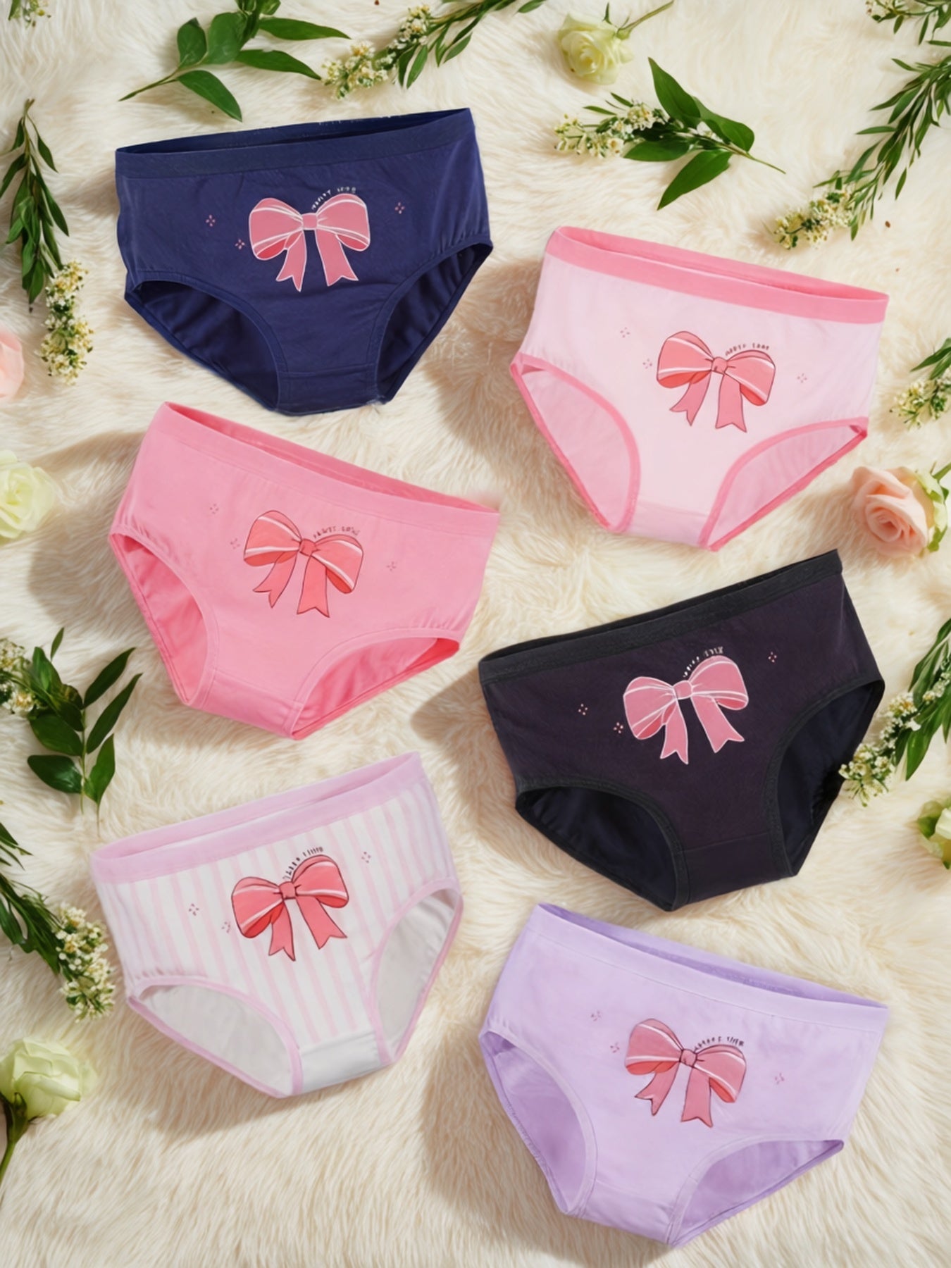Girls' 6-Pack Floral & Bow Print Cotton Briefs, Mid-Waist