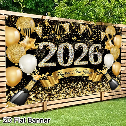 2D Flat, 1pc 2026 Happy New Year Party Backdrop Banner - 80x120cm Polyester Champagne & Cityscape Design, Golden & Purple Fireworks, Festive New Year'S Eve Decor for Home, No Electricity Needed, New Year Decorations, Flag For