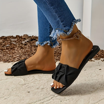 Women's Pleated Design Slide Sandals, Casual Square Open Toe Flat Summer Shoes, Lightweight Slide Sandals