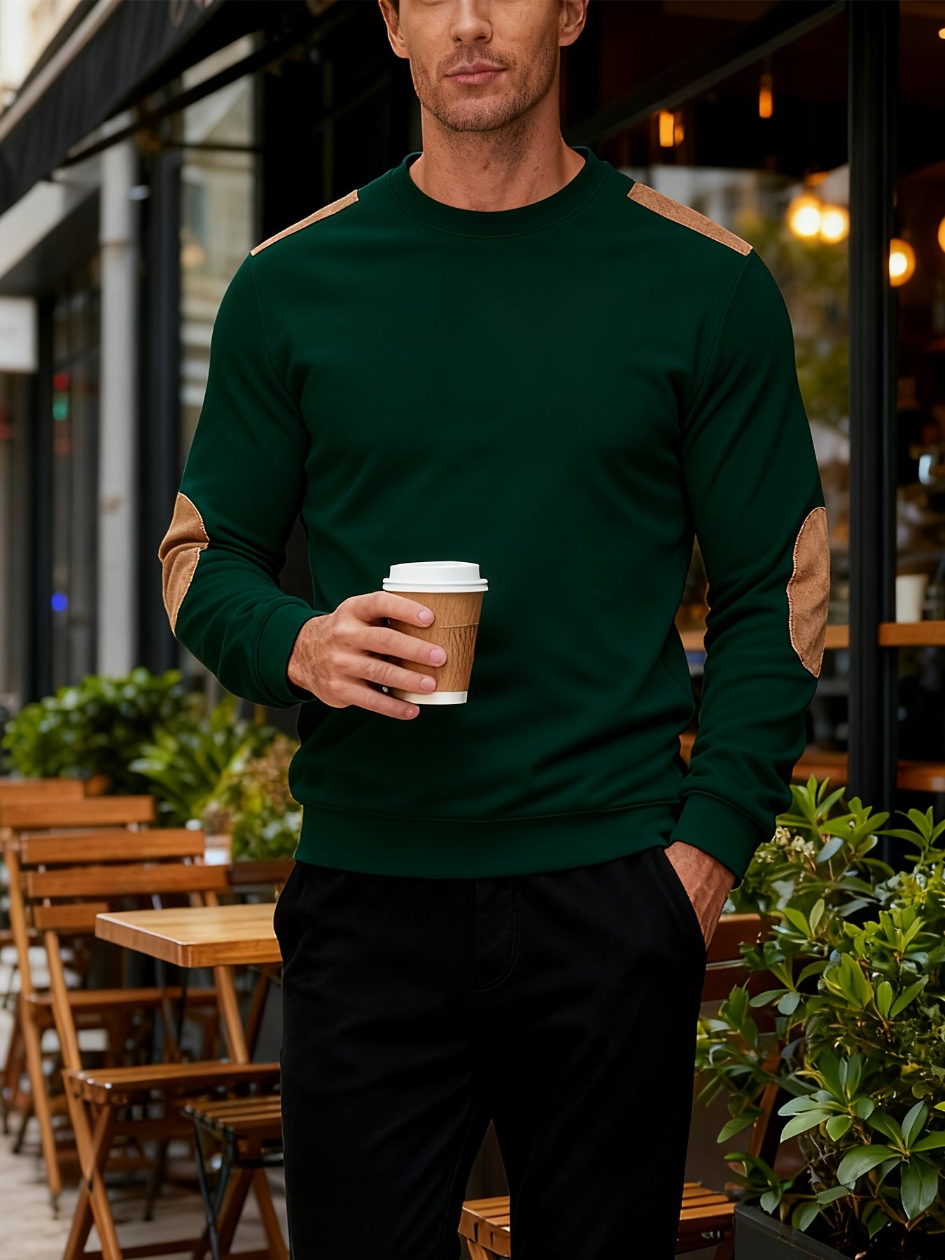 Men'S Classic Fashion Crew Neck Long-Sleeved Top | Light and Comfortable Fabric with Contrast Beige Patches for Enhanced Durability, Regular Fit, Ideal for Daily Leisure, Street Fashion, Outdoor Activities, and Light Fitness