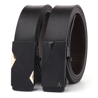 Men's Luxury Automatic Buckle Faux Leather Belt - Sleek Black with Golden Geometric Buckle, Business Casual Style, Adjustable Fit for Comfort, Business Casual Accessory | Sophisticated Belt Design | Sleek Black Finish