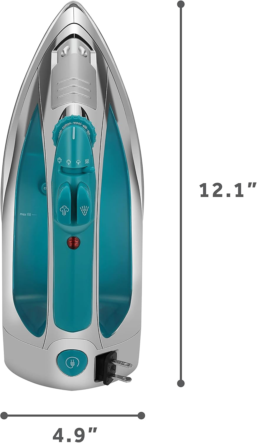 Sunbeam Steammaster 1400 Watt Iron with 8' Retractable Cord, Large Anti-Drip Nonstick Stainless Steel Soleplate, Horizontal or Vertical Shot of Steam and 3-Way Auto Shut-Off, Chrome/Teal