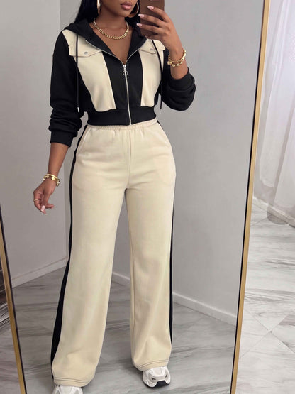 Casual Color-Block Hoodie & Straight-Leg Pants Set for Fall/Winter - ayq