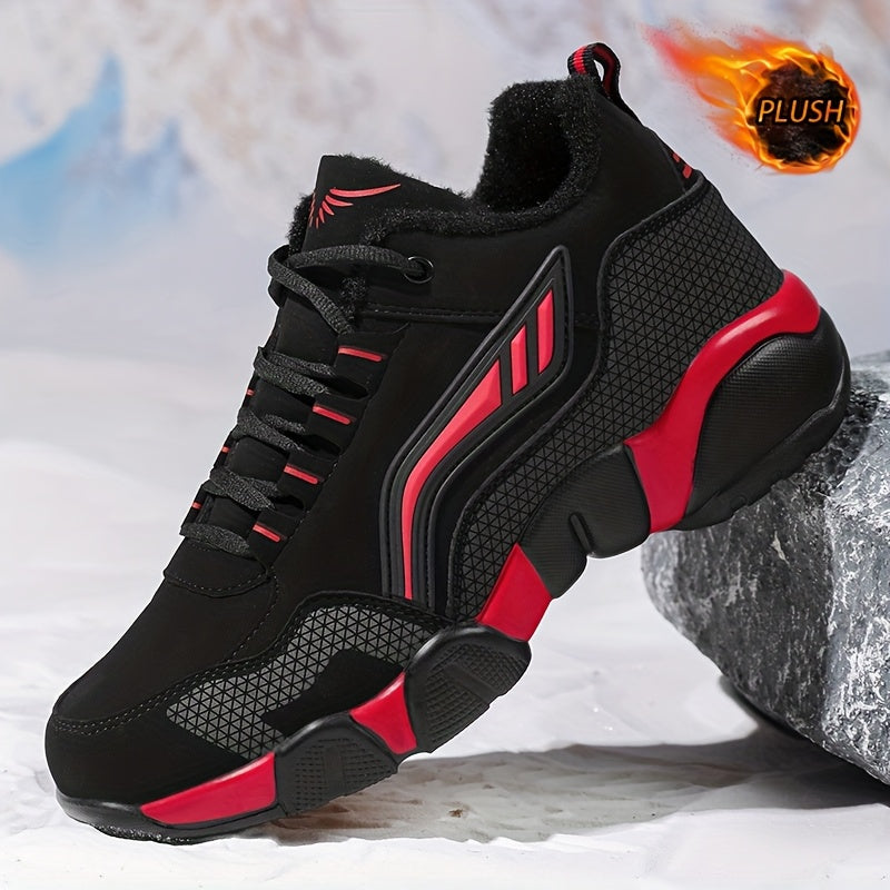 HIDEDUGO-ի ծանրքաշային ձմեռային կոշիկներ-սնիկերներ - Տաք միջին բարձրությամբ կոշիկներ, ամենագնացքային TPR ներբան, կապերով արտաքին կոշիկներ սառույցի և ձյան համար, մեծ չափսեր (սև/սպիտակ) - Ցուրտ եղանակի համար ամենօրյա և սպորտային կոշիկներ