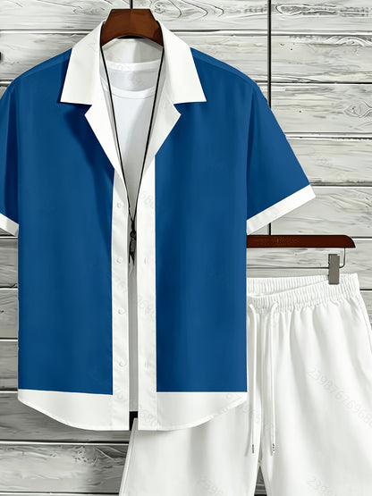 Men's Color Block Cuban Collar Shirt & Drawstring Shorts Set
