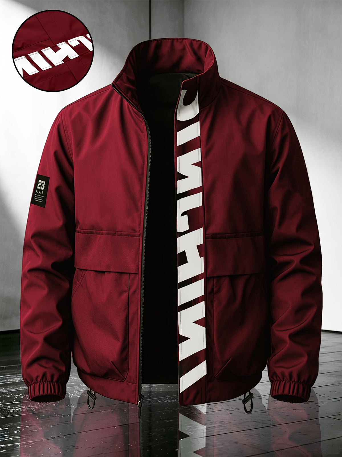 Men's Casual Polyester Bomber Jacket with Stand Collar