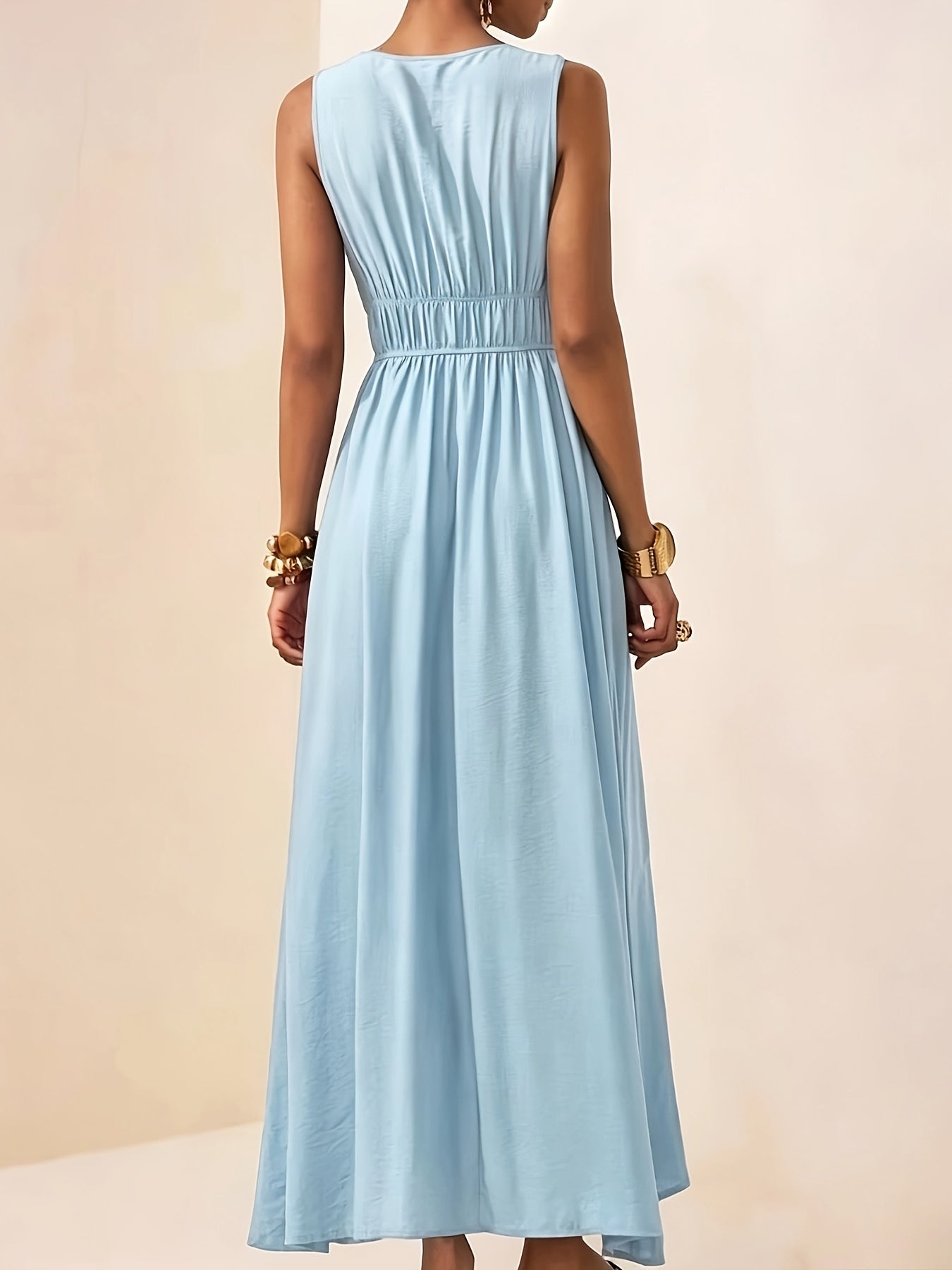 Elegant Summer V-Neck Beaded Sleeveless Waist-Cinching Dress