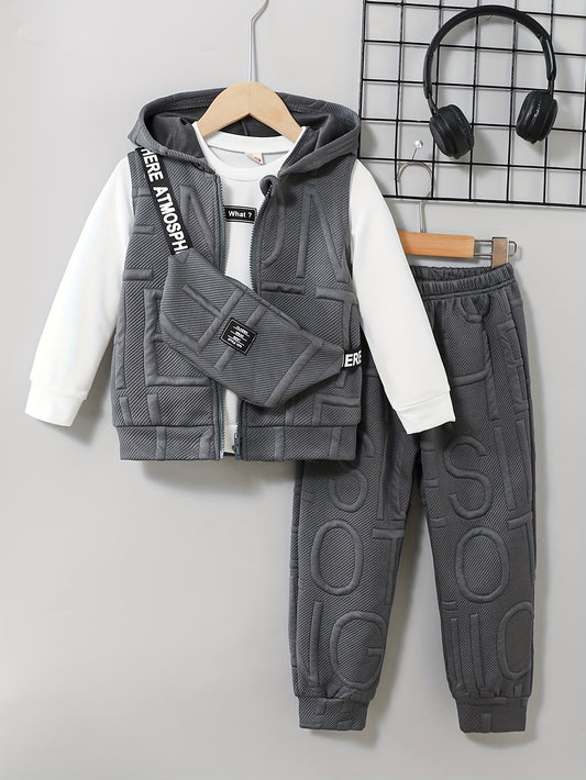 4pcs Boys' Casual Set: Letter Vest + Solid Color Long Sleeve Top + Elastic Waist Joggers with Crossbody Bag - Comfortable Lightweight Trendy Sportswear for Autumn/Winter Outdoor Activities, Perfect for Outdoor