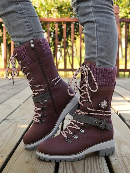 Women'S Comfortable Knitted Mid-Calf Winter Boots - Anti-Slip Side Zipper Lace-Up Design, Thick Sole, Fleece-Lined Retro Style in Black/Brown/Beige/Red/White for Casual Wear, Women Cowboy Boots, Women Winter Boots, Women Autu