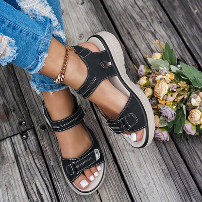 Non Slip Women's Platform Open Toe Sandals, Solid Color Ankle Buckle Strap Casual Outdoor Shoes
