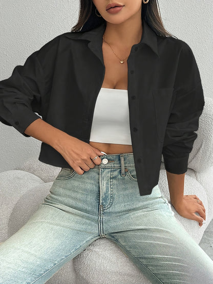 Elegant Women'S Solid Color Short Blouse with Front Pocket, 100% Polyester Woven Shirt, Versatile All-Season Top with Collared Neckline and Button-Up Closure