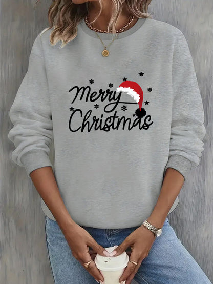 Women'S Christmas Letter Print Crew Neck Pullover Sweatshirt - Elegant Casual Long Sleeve Fleece-Lined Top with Festive Santa Hat & Star Design, All-Season Comfort for Holiday & Casual Attire, Christmas Sweatshirts, Seasonal