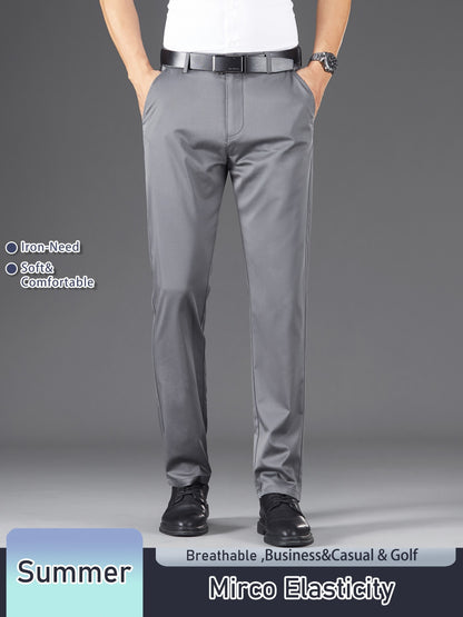 Men's Solid Color Straight Leg Business Style Cotton Blend Pants, Casual Comfy Breathable Outdoor Trousers As Gift