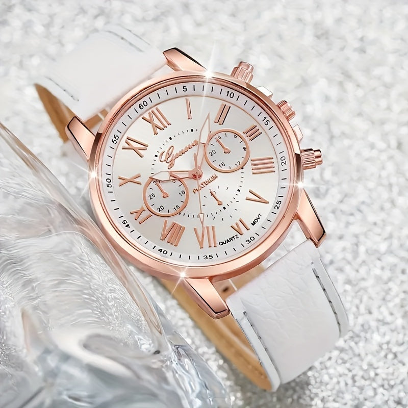 Chic 6pcs Quartz Watch Set with Faux Leather Straps & Heart Charm Bracelets - Perfect Gift for Valentine's, Easter, Birthdays & Christmas