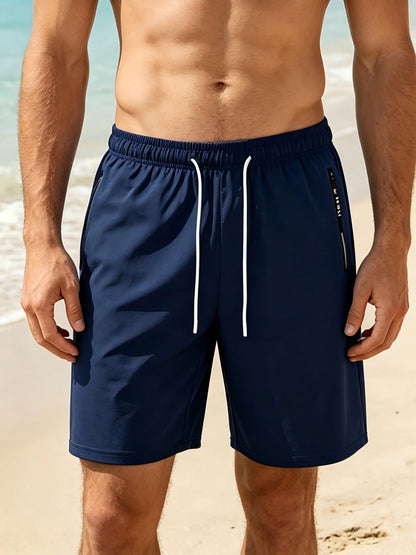 Men's Casual Swim Trunks with Elastic Waistband and Zipper Pocket